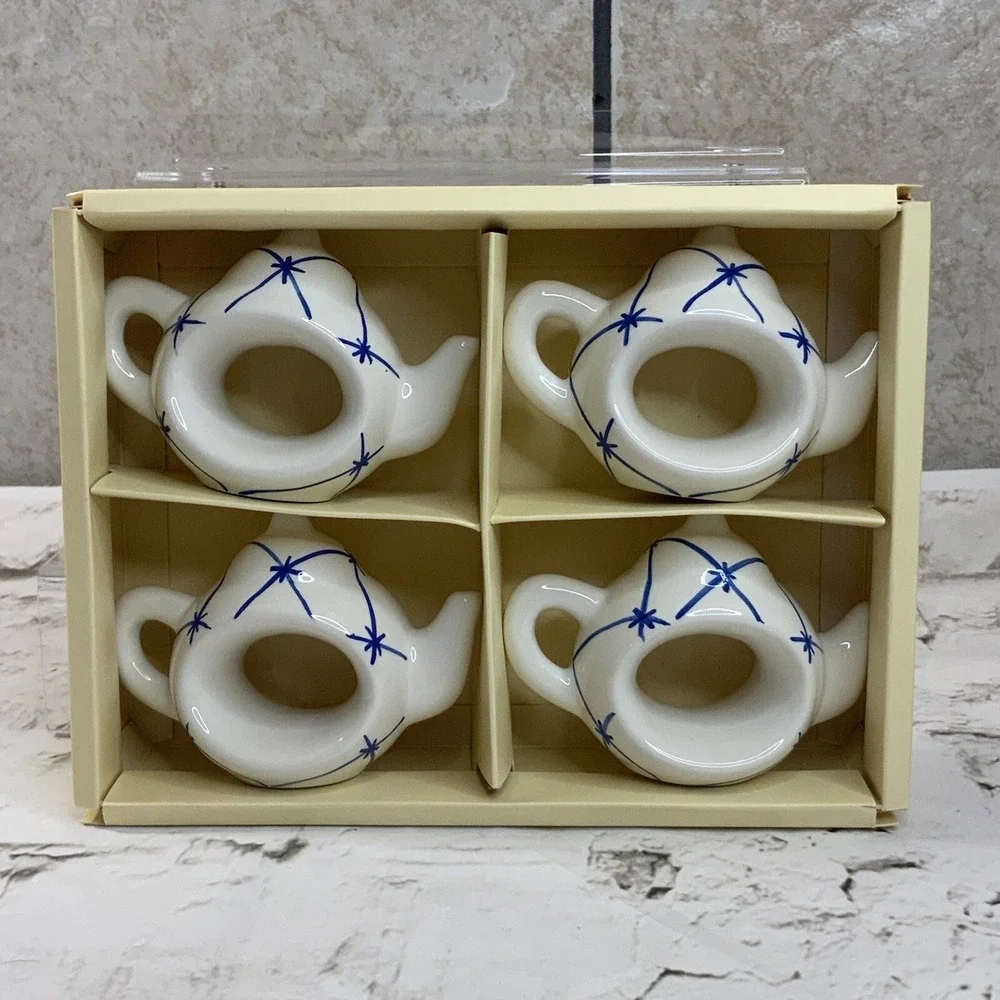 Ceramic Hand Painted White/Blue Teapot Napkin Rings‎ Dinnerware